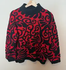 Vintage Arielle 80s Cropped Sweater Mock Neck Geometric Pattern Red Black Womens