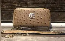 Tan clutch/wristlet with check book and card holder and 2 zipper sides