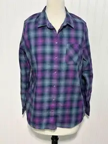 Eddie Bauer  Expedition Checker Plaid Flannel Button Up Shirt Pansy Purple Large