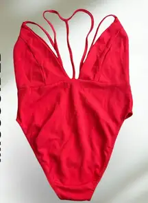 Missguided Red Plunge Bodysuit Strappy Size 2 Snap Bottom‎