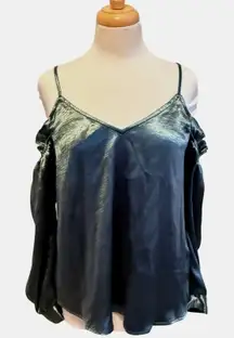 Belle Sky Green Satin Cold Shoulder Top Sz Med Cuff Sleeves Whimsigoth Witchcore