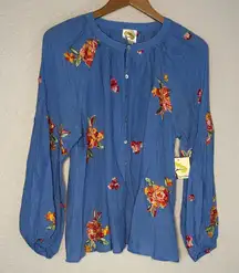 NEW Fig & Flower Blue Embroidered Floral Button Up Blouse Mandarin Large Cottage