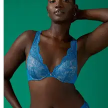 THIRDLOVE 32E 1/2 Lace Contour Plunge Bra 24/7 Blue Underwire Push Up Support