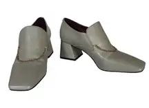 CHARLES & KEITH GRAY LEATHER BLOCK HEEL CHAIN LOAFERS (36)