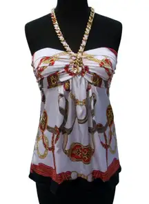 Cache Silk Woven Chain Halter Top New Ruched Built In Bra Multi Color $118 NWT