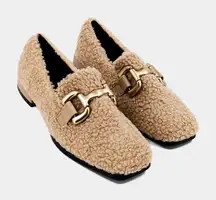 ShuShop Beige Textured Loafers with Gold Accent