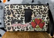 Ed Hardy Leopard Print Tattoo Hearts Love Wristlet Wallet Zip Around NWT