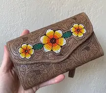 Brown Tooled Leather Wallet Wristlet Beaded Floral Design Orange Yellow Mexican