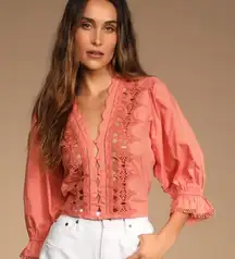 Free People NWT Louella Embroidered Lace Top Savannah Red Large Lace V-Neck Boho