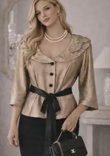 Vintage Dressbarn Old Money Metallic Belted Blazer XL Gold Victorian Classic