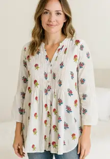 Roberta Roller Rabbit White Tunic 3/4 Sleeve Sequins Floral 100% Cotton Size XS