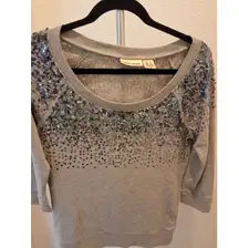 DKNY Size S Womens Gray with Sequins Scoop Neck 3/4 Sleeve Top/Sweatshirt