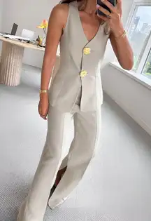 Commense Elegant Old Money Minimalist Gold Button Vest Pants Set Gray L