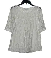 Gap‎ Women's Top Floral Lace Sheer Cuffed Sleeve Boxy Fit Crew Neck White Medium