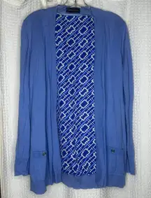 Dana Buchman Blue Soft Knit Open Cardigan w/ Silky Pattern Print Back & Pockets