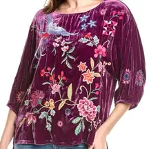 Johnny Was Nikkola heavily embroidered Purple Velvet
Boatneck Blouse NWT