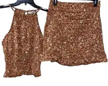Paper Crane Floral Print Brown Skirt Set(Size Small)