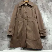 Kenneth Cole NY Womens Single Breasted Large Button Tan Wool Blend Peacoat Sz 10