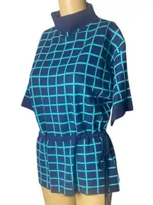 Vintage Christian Dior Paris Teal & Navy Blue Grid Print Knitted Top fits L/XL