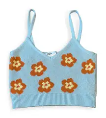 Zara Boho Small‎ Light Blue Orange Flower Knit Spaghetti Strap Tank Crop Top