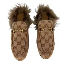 Gucci Princetown GG Canvas Fur Lined Slippers Mules