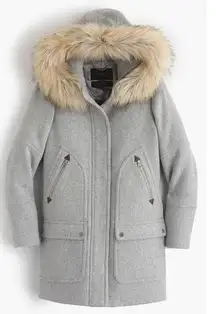 J.Crew  Chateau Parka Italian Wool Stadium Cloth Coat Fur Hood B3901 Gray 00