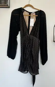 NWT Saint Genies Black Plunging V Neck Polkadot Ruched Mini Dress Size 12