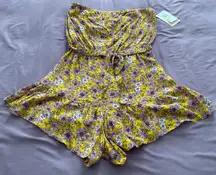 NWT  Yellow w/purple & white flowers strapless belted romper, size M