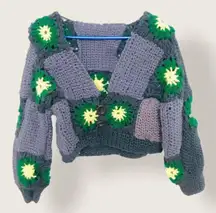 Flowers Stars Knit Puff Sleeves Cardigan