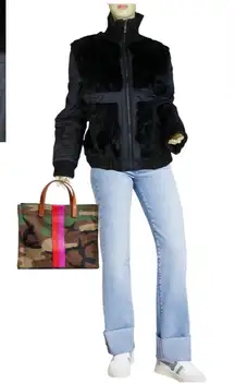 VINTAGE Y2K JENNYFER J. BLACK RABBIT FUR & NYLON BOMBER JACKET (XL)