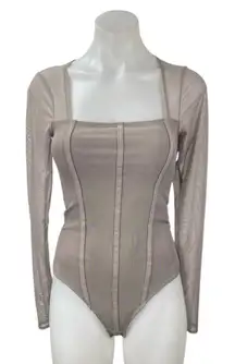 Abercrombie & Fitch Gray Tan Mesh Long Sleeve Square Neck Corset Bodysuit Top S