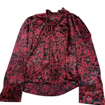 Kasper Women's Red Black Floral Print‎ Button Down Tie Neck Blouse Shirt Size 12