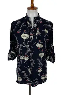 Cals Blouse XS Navy Floral 34 Sleeve Button Down Lightweight Boho Chic
