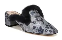 🆕 Sam Edelman Women's Blue Adair 2 Faux Fur Floral‎ Jacquard Mules 6.5 New