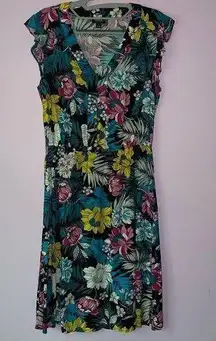 a.n.a  Size 8 Midi Dress Black w Colorful Tropical Floral Print Ruffle Casual