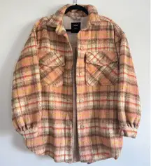 Cotton On Shacket Jacket Women XS Pink Brown Plaid Button Wool Blend Oversized