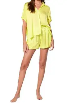 Young Fabulous & Broke Women's Small Silky Lime Green Button Up Blouse