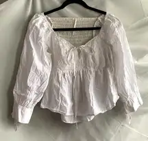 FREE PEOPLE Smocked Babydoll White Peasant Blouse XS Fairy Corset Boho Feminine