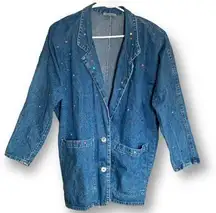 Vintage Match Denim Jacket Blazer Oversized Crystal Embellished Medium Wash B