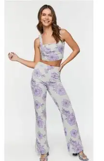 FOREVER 21 Jacquard Floral Mid-Rise Flare Pants Crop Top Matching Summer Set S/M