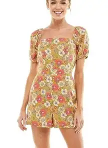 Lila Rose Lily Rose Romper Womens XS Yellow Floral Short Sleeve Cross Back Pockets Cottage