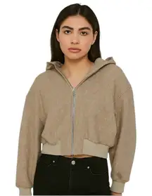 Zara small‎ cropped Tan Zip-Up Hoodie