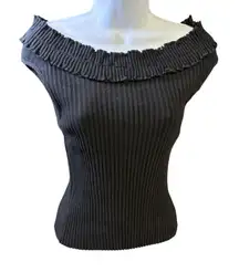 Charlotte Russe Ribbed Stretch‎ Top Off Shoulder Ruffle Neck Sleeveless Black Lg