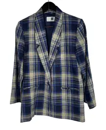 Vintage Christy‎ Girl Petite Blazer Plaid Linen Blend Blue Beige Single Button 4