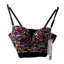Charmian Women Spaghetti Straps Rhinestone Beaded Clubwear Bustier Crop Top Bra