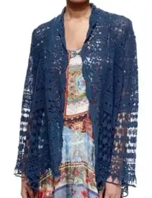Johnny Was Cardigan Size Small Blue Bobble Crochet‎ Floral Boho Coastal Festival