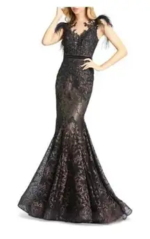 Mac Duggal 79230 Trumpet Gown Embellished Feather Sleeve Illusion Neck Sz 12