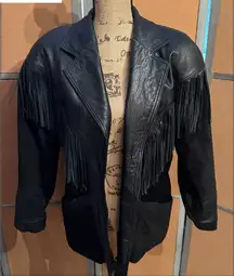 Vintage Pioneer Wear Black Leather Suede Fringe Western Jacket Size 10 90s Y2K