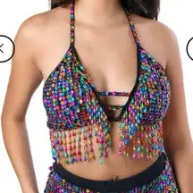 The Lumi Shop Beaded Sequin Hand Stitched Halter Bra Top in Lucky Charms, Small