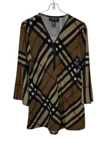 Frank Lyman Womens Top 3/4 Sleeve Nova Check V-Neck 1/4 Zip‎ Pullover Size 6